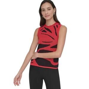 DKNY Women's Crewneck Sleeveless Sweater in Watermelon Sugar Pink & Black